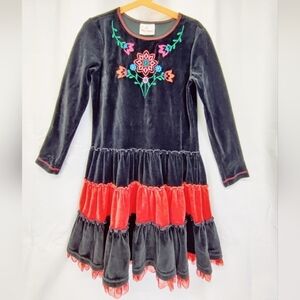 Hanna Andersson Velvet Dress Long Sleeve Twirl Tier Sz 130 (8) Black Red Flowers